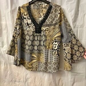Est 1946 Beaded V-Neck Boho Patchwork Bell Sleeve Retro Ornate Artsy Blouse Sz L
